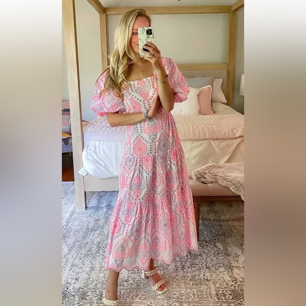 Lilly Pulitzer Sz 0 Katalina Midi Eyelet Dress in Multi Sunset Dreamer